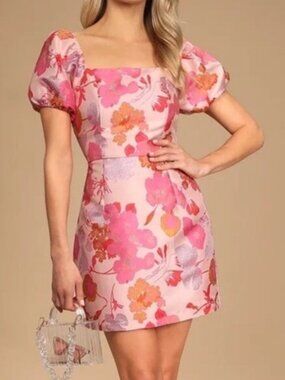 NWT Lulus So Stunning Floral Jacquard Puff Sleeve Mini Dress Pink Romantic Derby